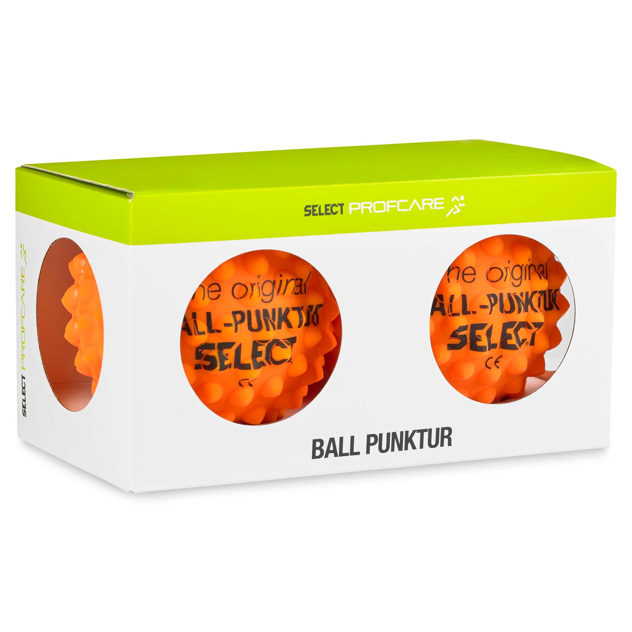 Forside av Ball-Punktur 2 pcs, Andre baller, oransje piggete massasjeballer i hvit og grønn emballasje