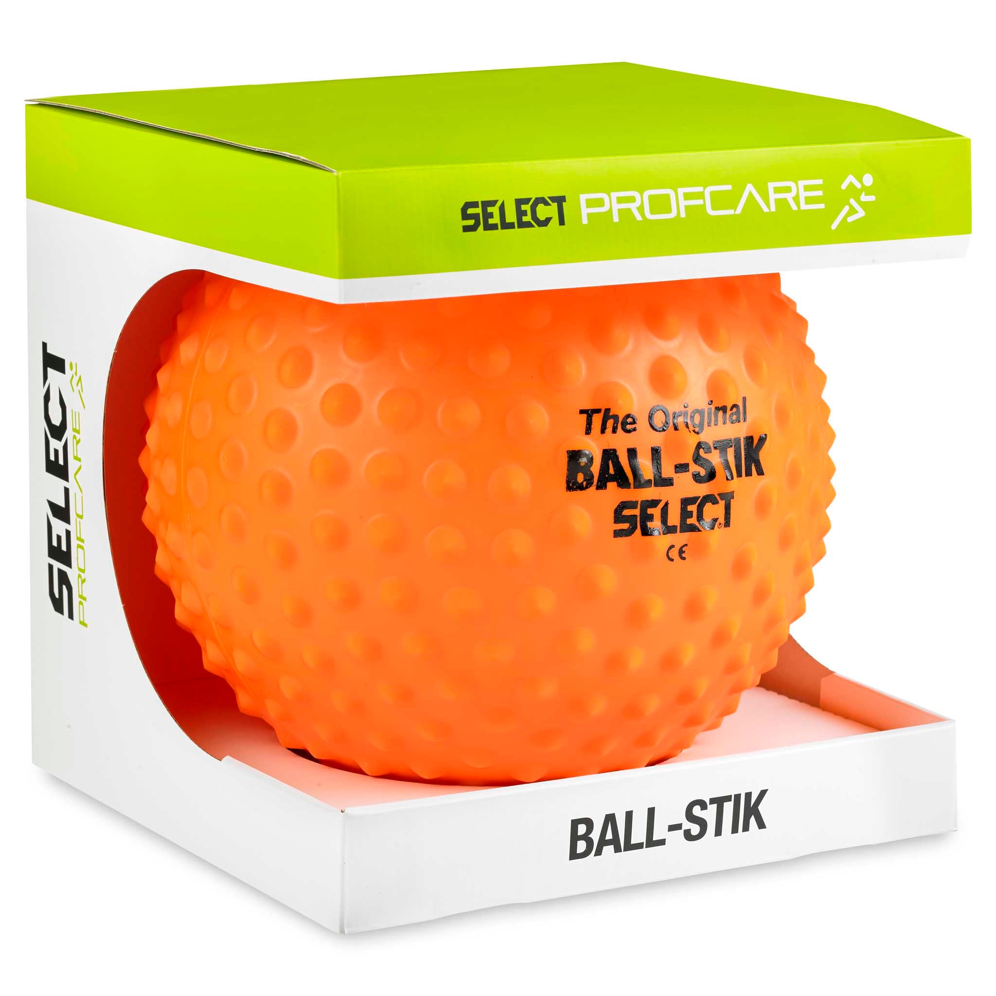Forside av oransje Select Ball-Stik massasjeball med strukturert overflate i hvit og grønn Andre baller emballasje.